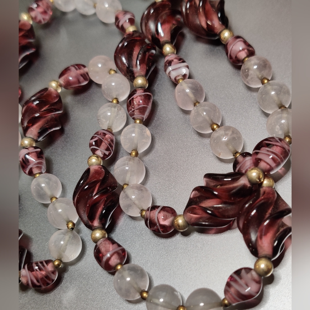 Vintage Genuine Rose Quartz and Italian Art glass necklace